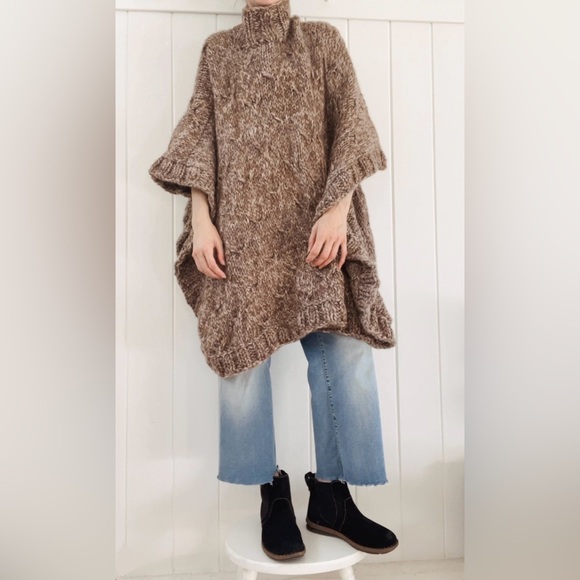 Oversized Cable Knit Poncho Sweater Marled Brown Neutral Lagenlook Scandinavian - Picture 3 of 11
